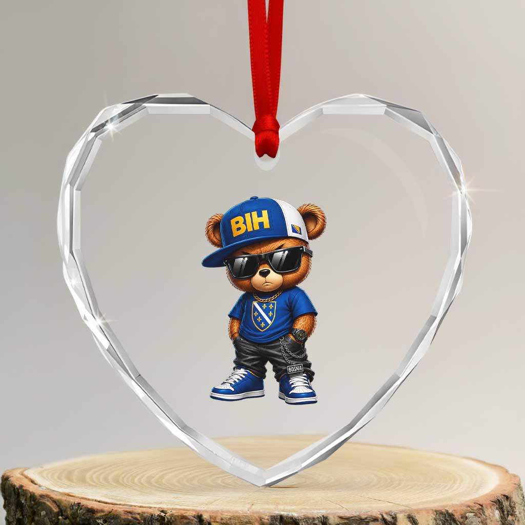BIH Bosnia Teddy Bear Graphic Heart Crystal Glass Ornament Golden Lily Heritage Urban Streetwear Style