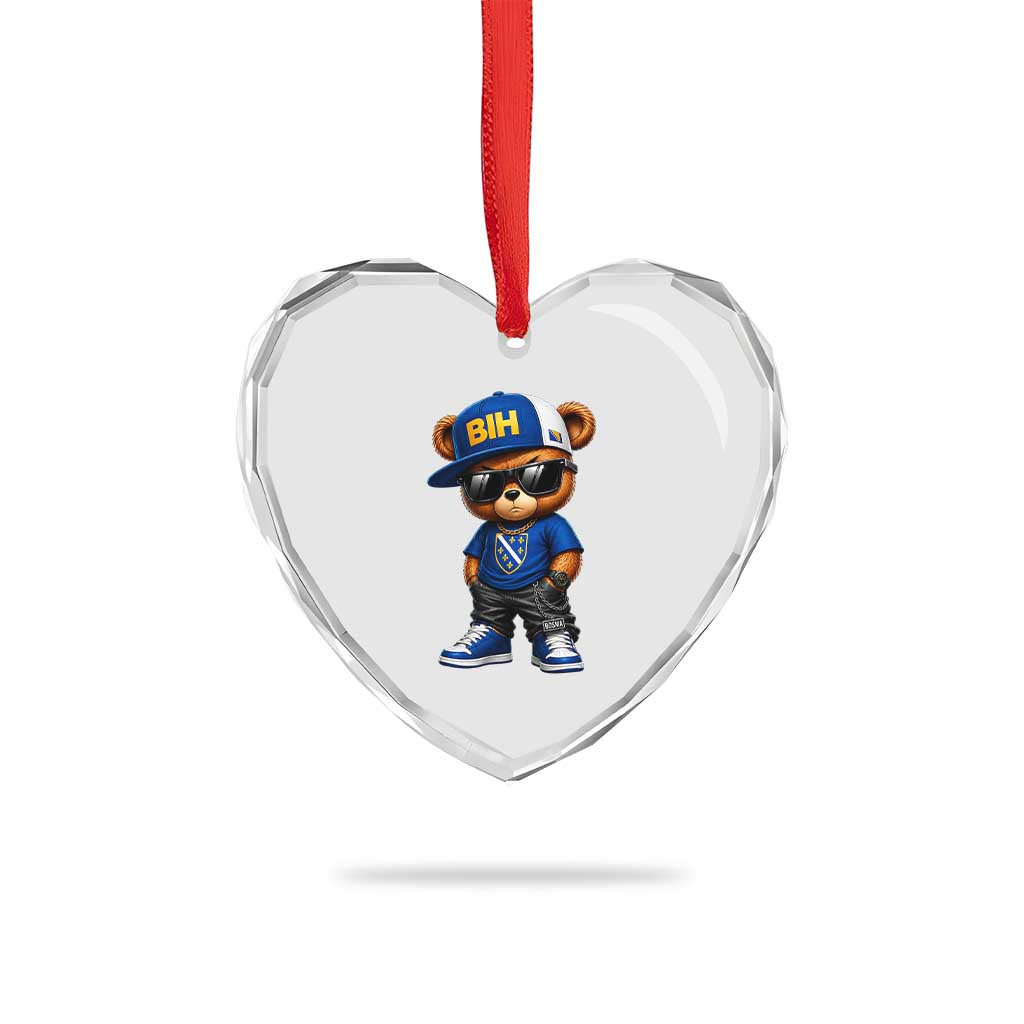 BIH Bosnia Teddy Bear Graphic Heart Crystal Glass Ornament Golden Lily Heritage Urban Streetwear Style