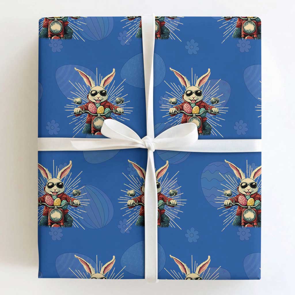 Biker Bunny Wrapping Paper Roll Retro Easter Day Rabbit Ride Motorcycles Motorbike TS10 Royal Blue Print Your Wear