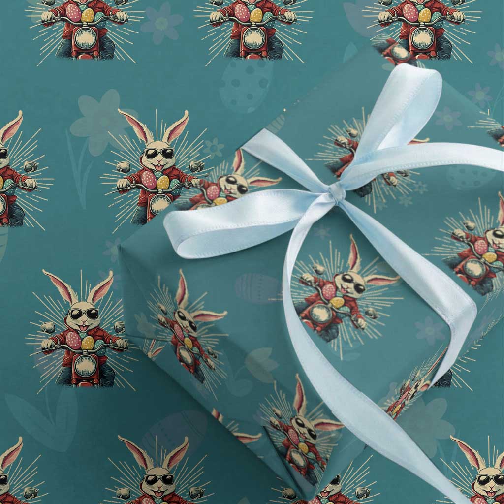 Biker Bunny Wrapping Paper Roll Retro Easter Day Rabbit Ride Motorcycles Motorbike TS10 Teal Print Your Wear