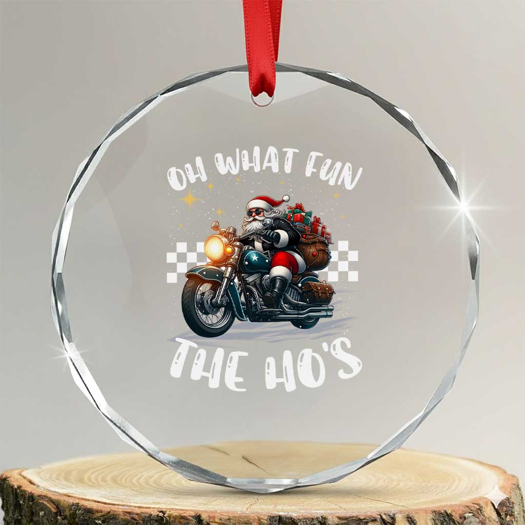 Biker Grandpa Santa on Motorcycle Xmas Crystal Glass Ornament Funny Oh What Fun It Is To Ride TS10 Transparent Glass 3'' Circle Print Your Wear