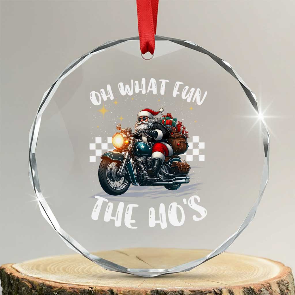 Biker Grandpa Santa on Motorcycle Xmas Crystal Glass Ornament Funny Oh What Fun It Is To Ride TS10 Transparent Glass 3'' Circle Print Your Wear