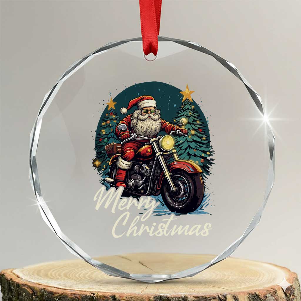 Biker Santa Claus Crystal Glass Ornament Merry Xmas Riding Motorcycle TS02 Transparent Glass 3'' Circle Print Your Wear