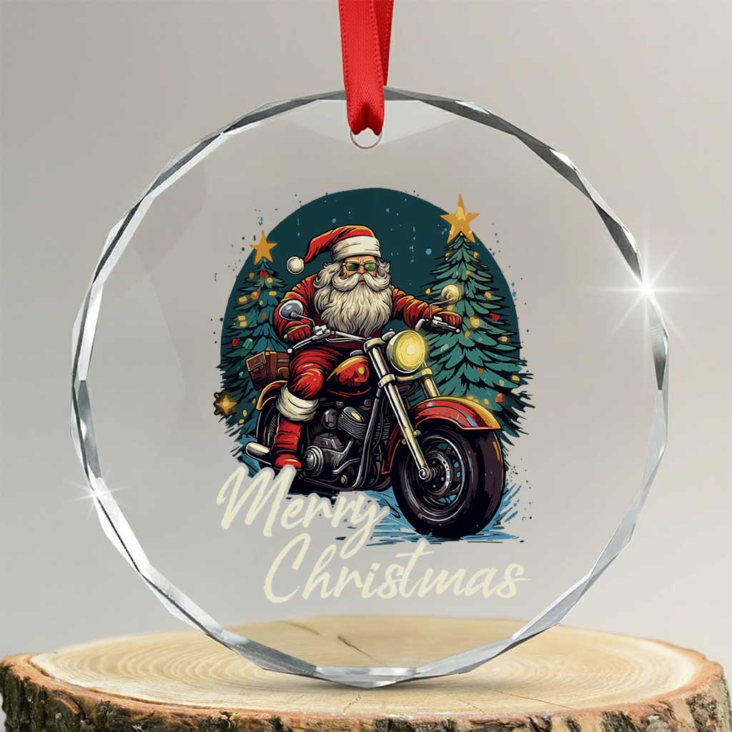 Biker Santa Claus Crystal Glass Ornament Merry Xmas Riding Motorcycle TS02 Transparent Glass 3'' Circle Print Your Wear