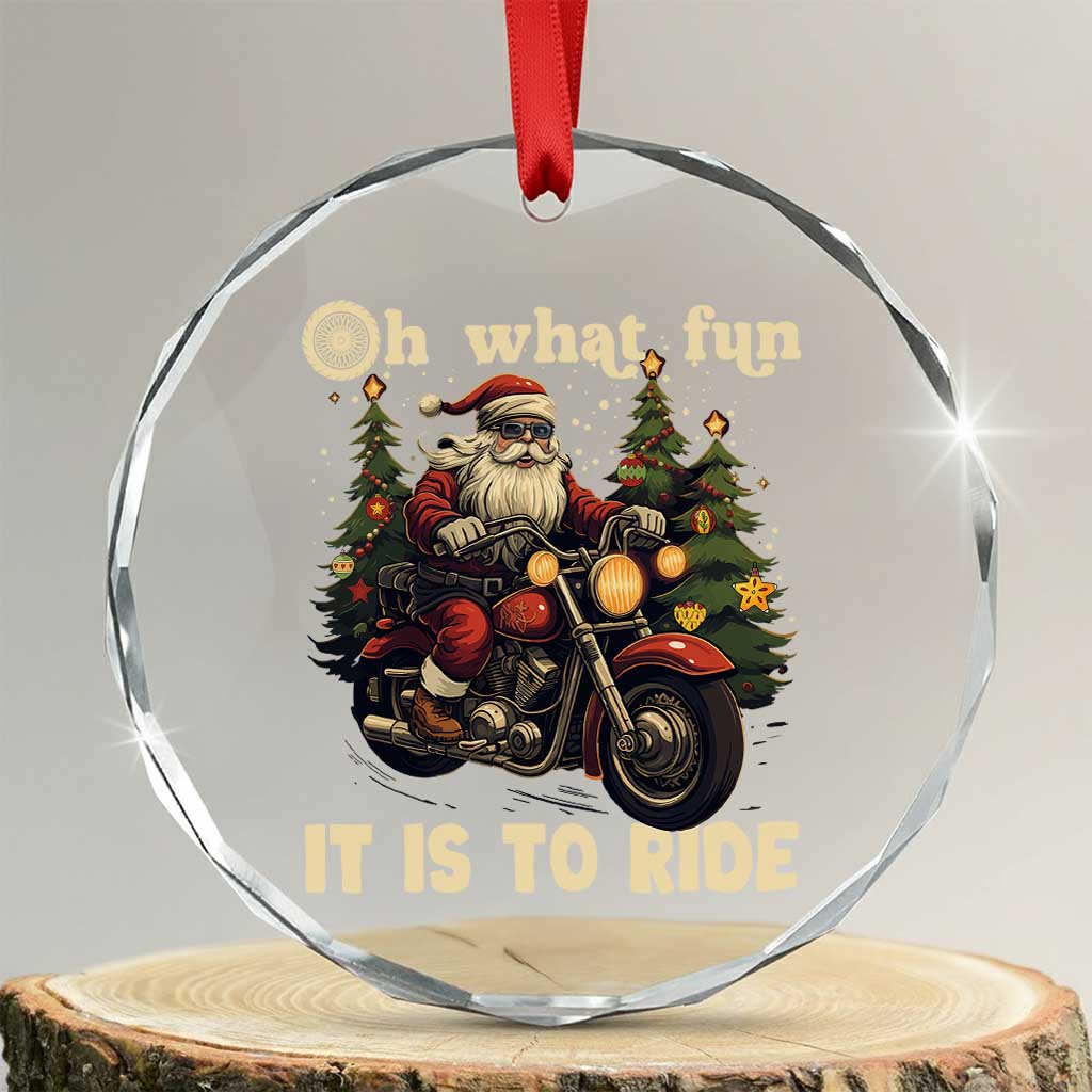 Biker Santa Claus Crystal Glass Ornament Oh What Fun It Is To Ride Motorcycle Xmas Tree TS02 Transparent Glass 3'' Circle Print Your Wear