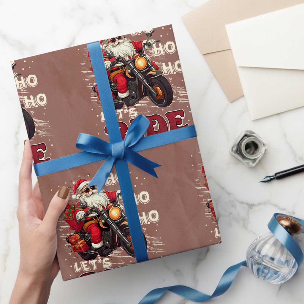 Biker Santa Claus Wrapping Paper Roll Ho Ho Ho Let's Ride Xmas TS02 Mocha Print Your Wear