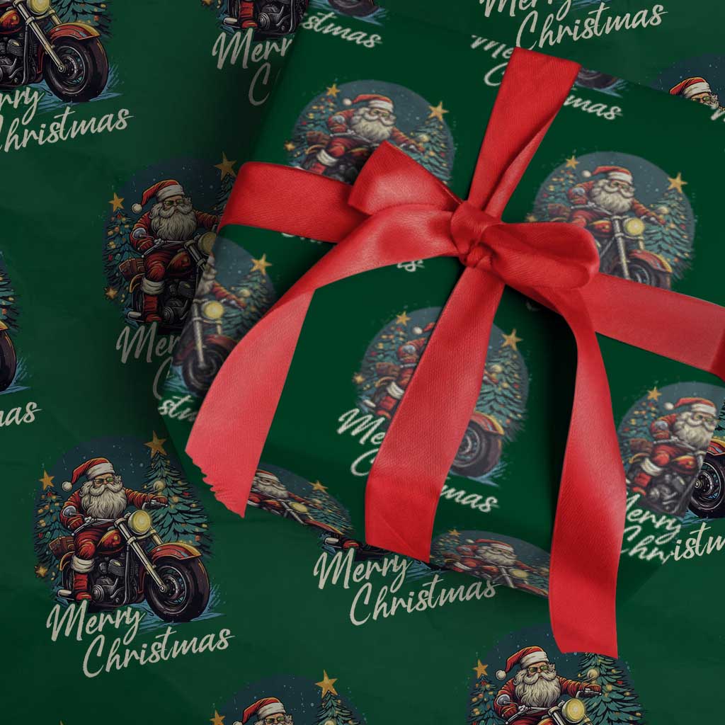 Biker Santa Claus Wrapping Paper Roll Merry Xmas Riding Motorcycle TS02 Green Print Your Wear