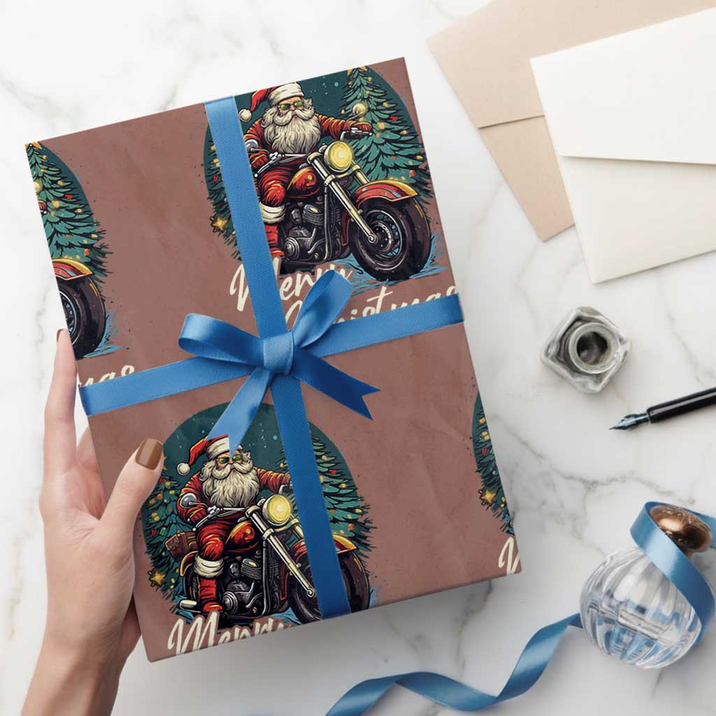 Biker Santa Claus Wrapping Paper Roll Merry Xmas Riding Motorcycle TS02 Mocha Print Your Wear