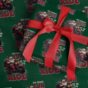 Biker Santa Claus Wrapping Paper Roll Oh What Fun It Is To Ride Motorcycle Xmas TS02 Green Print Your Wear