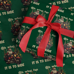 Biker Santa Claus Wrapping Paper Roll Oh What Fun It Is To Ride Motorcycle Xmas Tree TS02 Green Print Your Wear