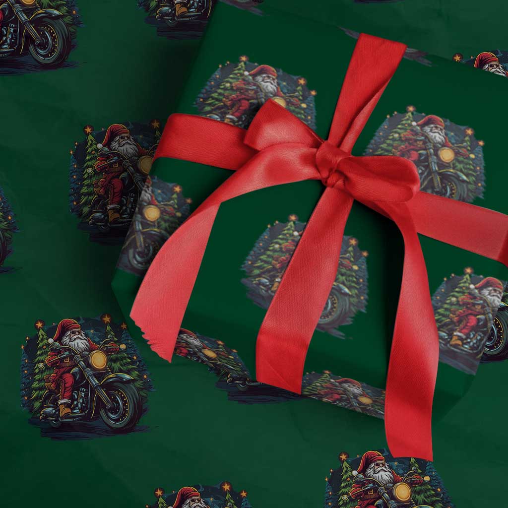 Biker Santa Claus Wrapping Paper Roll Riding Motorcycle Christmas TS02 Green Print Your Wear