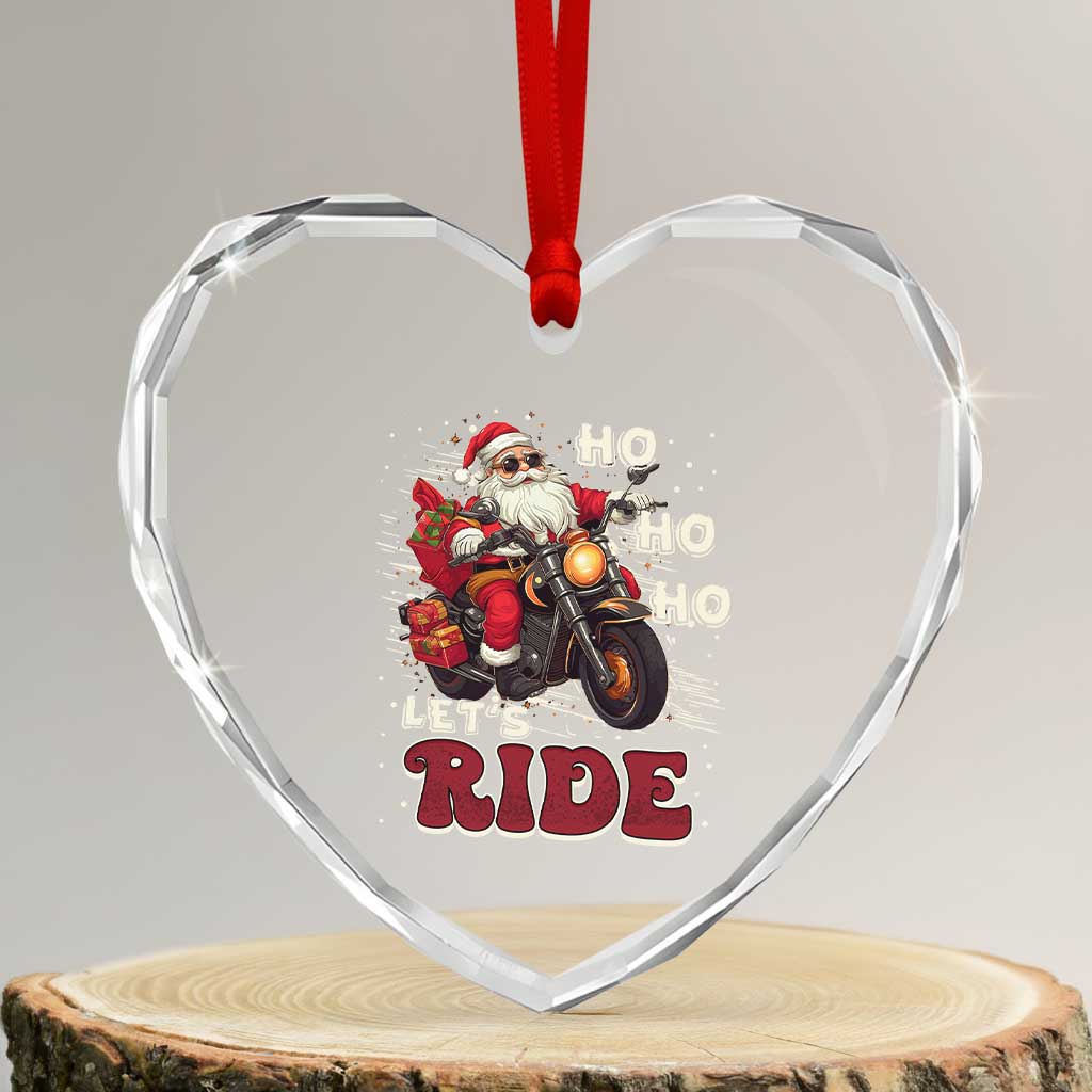 Biker Santa Claus Heart Crystal Glass Ornament Ho Ho Ho Let's Ride Xmas TS02 Transparent Glass 3'' Heart Print Your Wear