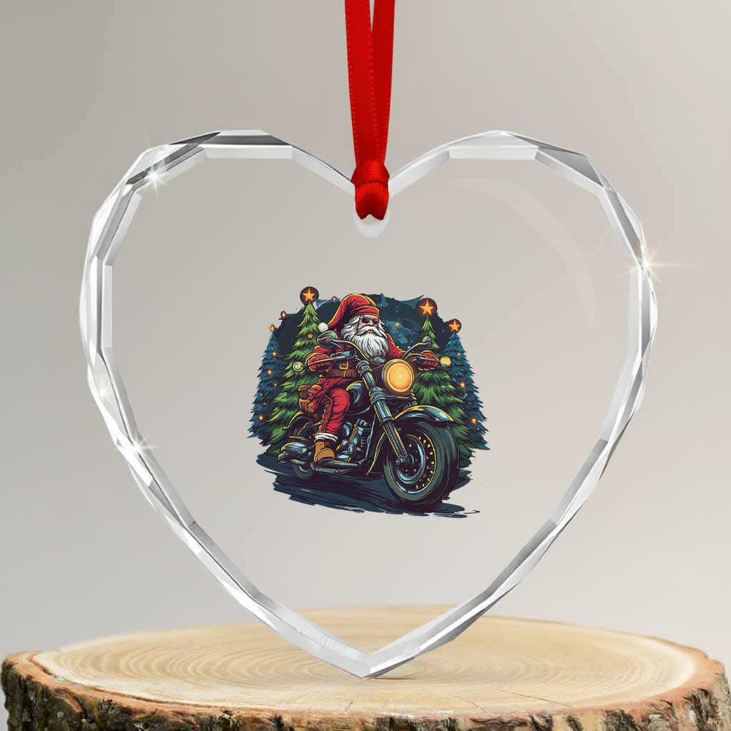 Biker Santa Claus Heart Crystal Glass Ornament Riding Motorcycle Christmas TS02 Transparent Glass 3'' Heart Print Your Wear