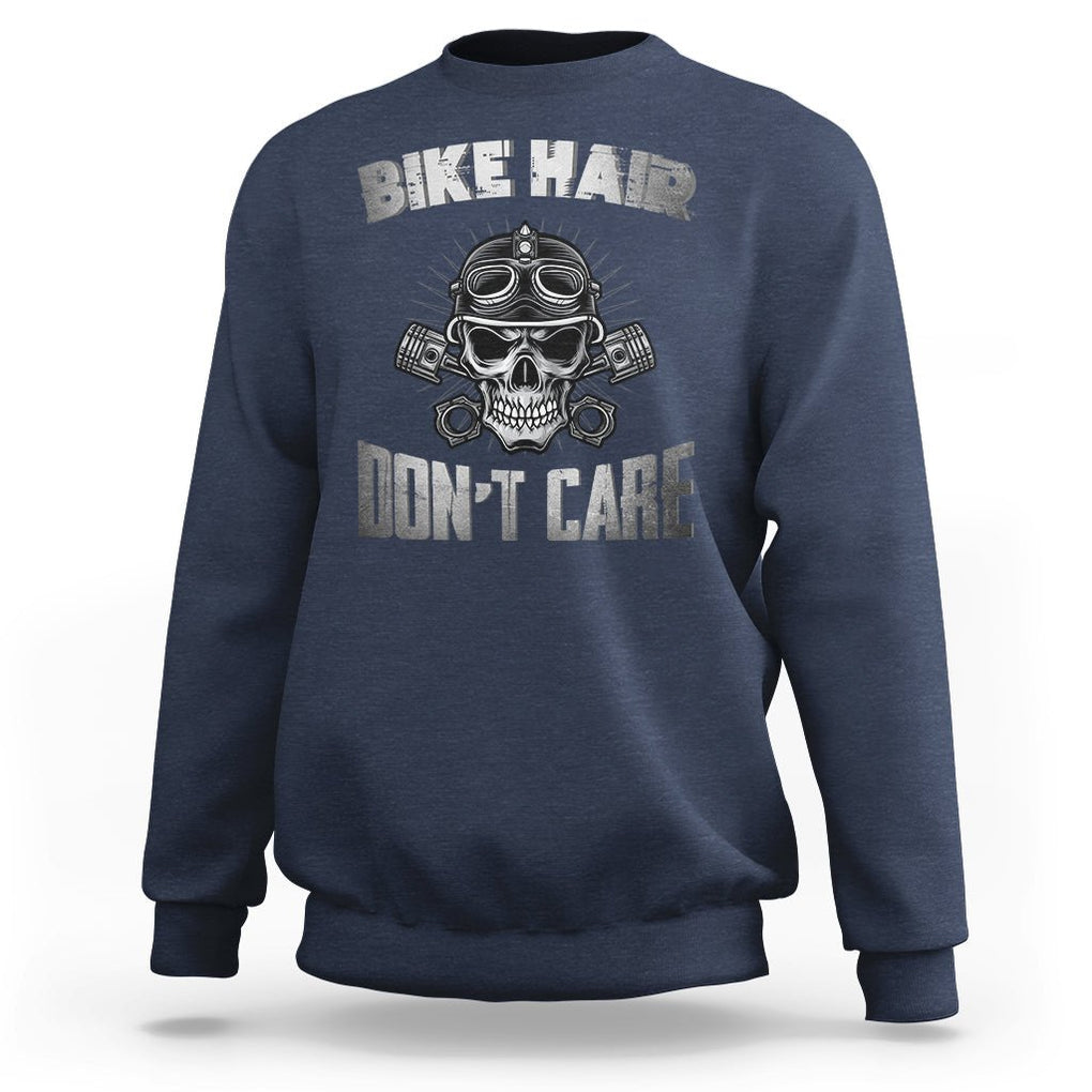 Biker Skull Sweatshirt Bike Hair Don't Care Motorcycle Rider TS02 Navy Printyourwear