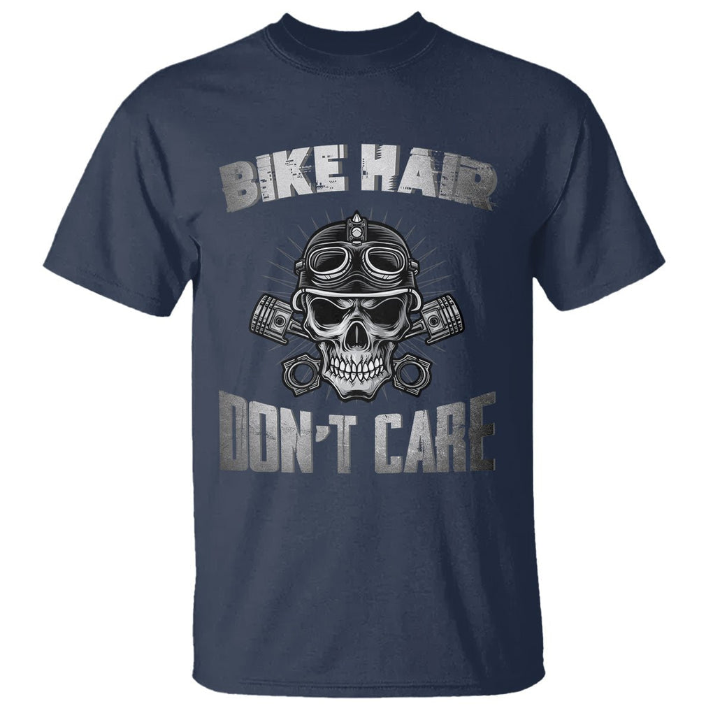 Biker Skull T Shirt Bike Hair Don't Care Motorcycle Rider TS02 Navy Printyourwear