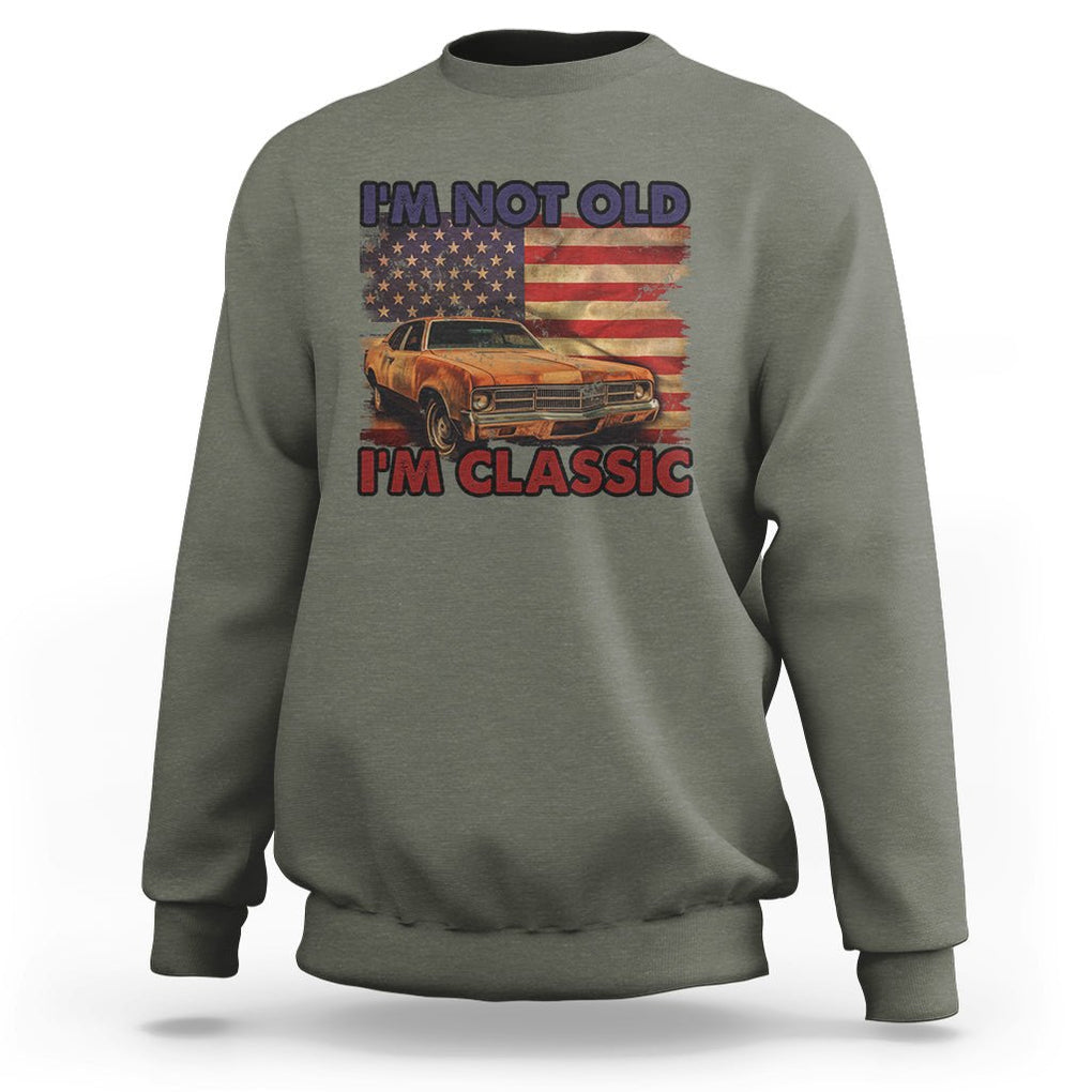 Birthday Mens Sweatshirt Motorcycle USA Flag Retro Biker I'm Not Old I'm Classic TS02 Military Green Printyourwear