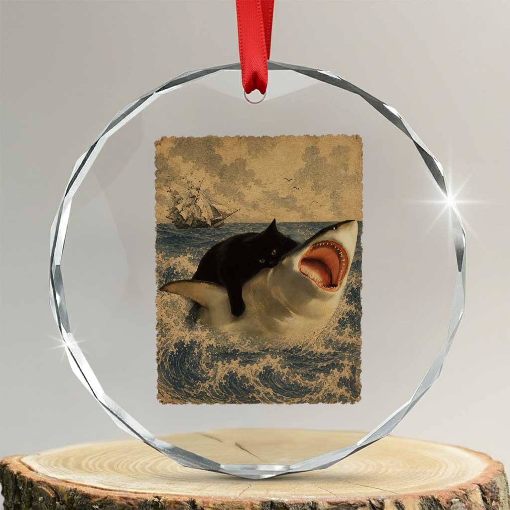 Black Cat Biting Shark Anime Graphic Japanese Crystal Glass Ornament Vintage Graphic Ukiyo-e Art TS10 Transparent Glass 3'' Circle Print Your Wear