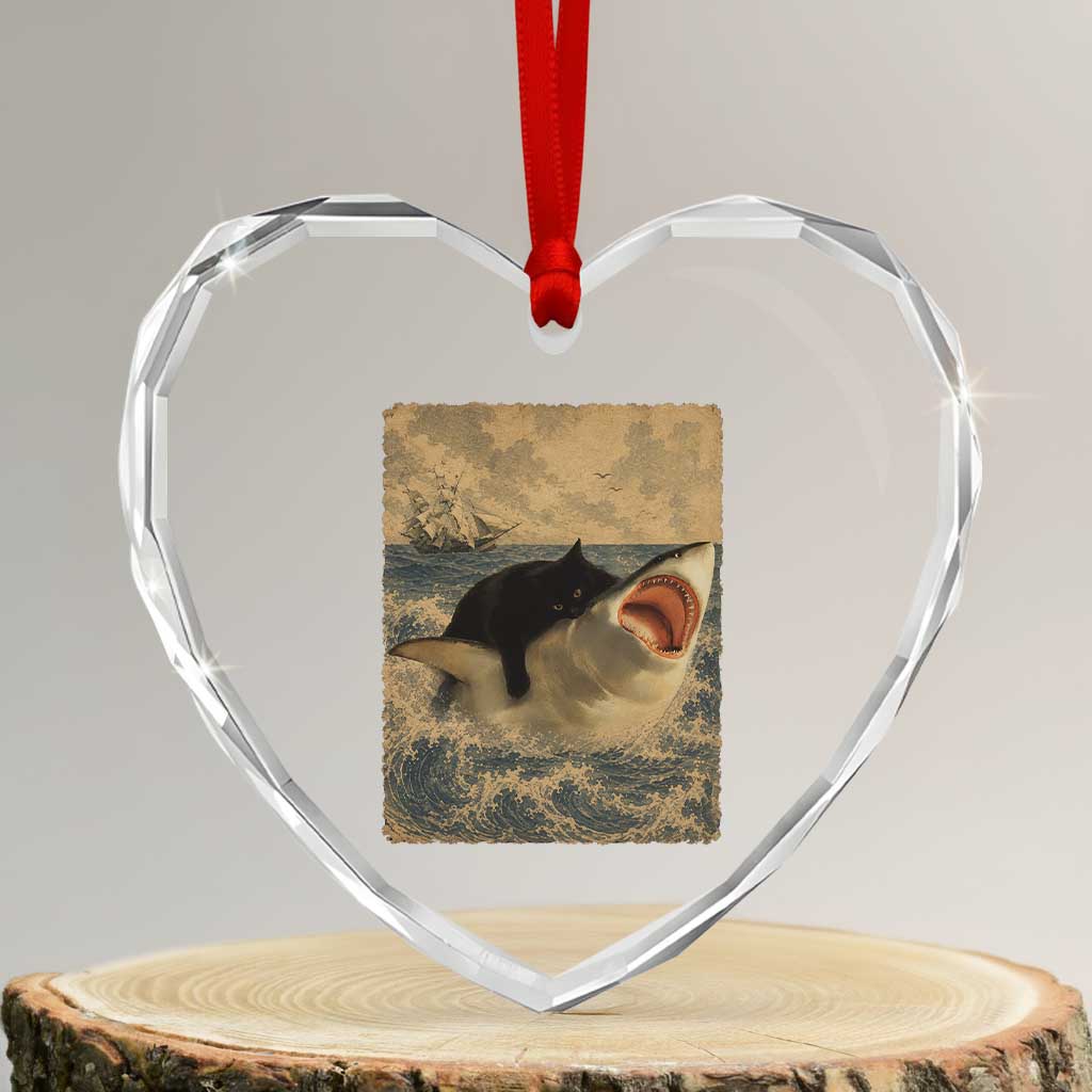 Black Cat Biting Shark Anime Graphic Japanese Heart Crystal Glass Ornament Vintage Graphic Ukiyo-e Art TS10 Transparent Glass 3'' Heart Print Your Wear