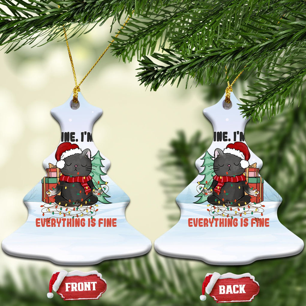 Black Cat Christmas Ceramic Ornament It's Fine I'm Fine Everything Is Fine Xmas Light Funny Xmas Vibe TS02 Christmas Tree White Printyourwear