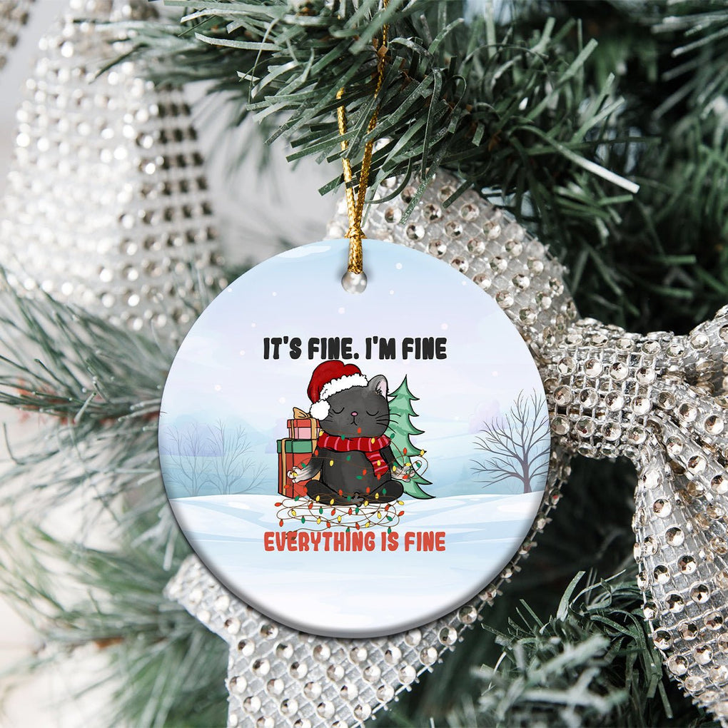 Black Cat Christmas Ceramic Ornament It's Fine I'm Fine Everything Is Fine Xmas Light Funny Xmas Vibe TS02 Printyourwear