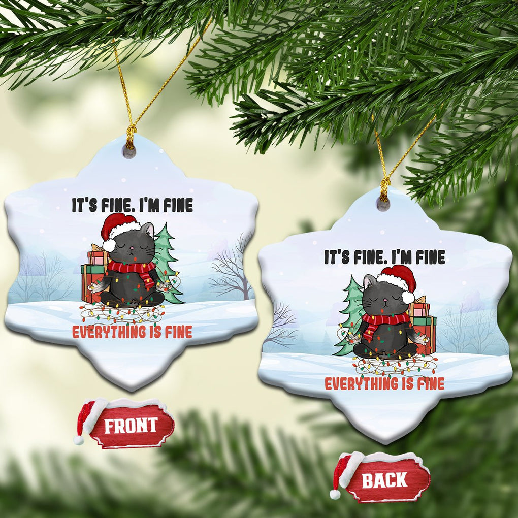 Black Cat Christmas Ceramic Ornament It's Fine I'm Fine Everything Is Fine Xmas Light Funny Xmas Vibe TS02 Snow Flake White Printyourwear