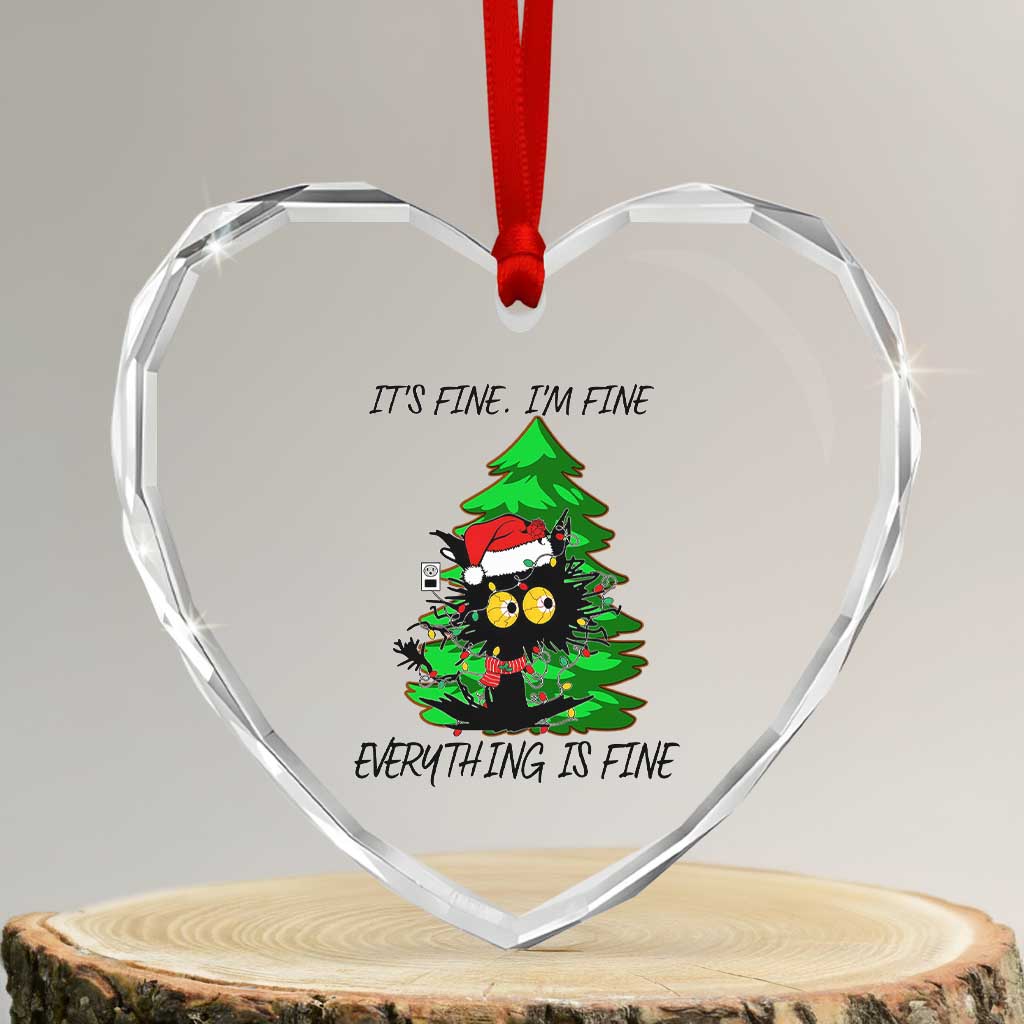 Black Cat Christmas Heart Crystal Glass Ornament It's Fine I'm Fine Everthing Is Fine Funny Xmas TS02 Transparent Glass 3'' Heart Print Your Wear