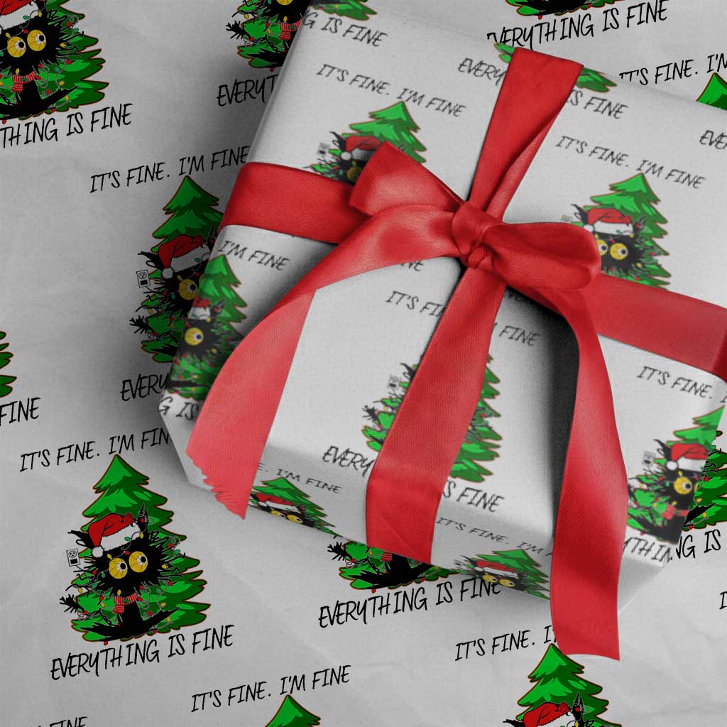 Black Cat Christmas Wrapping Paper Roll It's Fine I'm Fine Everthing Is Fine Funny Xmas TS02 White Print Your Wear