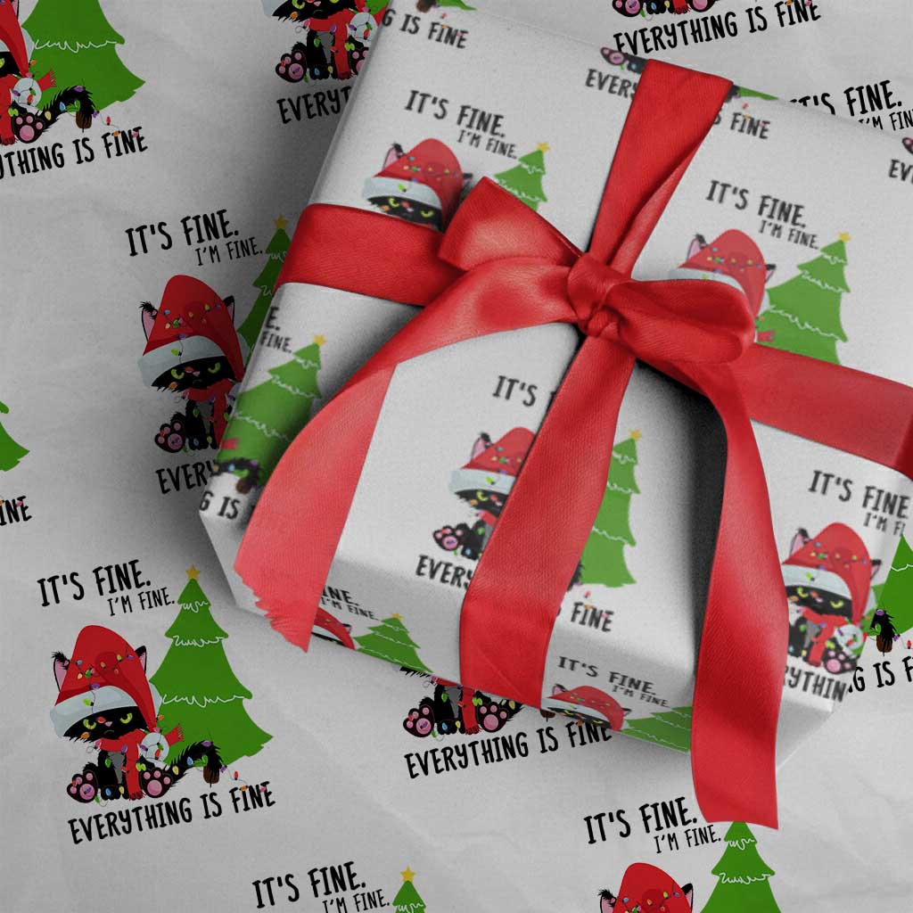Black Cat Christmas Wrapping Paper Roll It's Fine I'm Fine Everything Is Fine TS02 White Print Your Wear