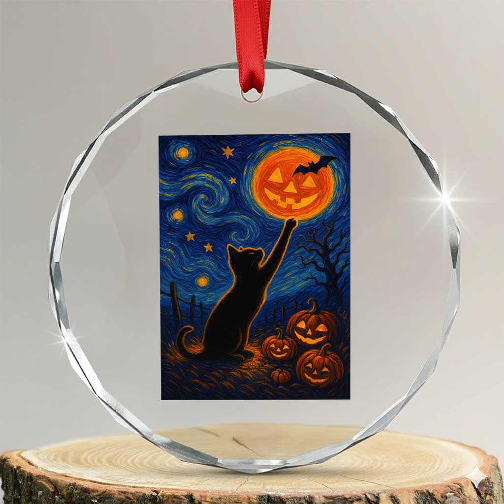 Black Cat Halloween Crystal Glass Ornament Starry Night Van Gogh TS14 Transparent Glass 3'' Circle Print Your Wear