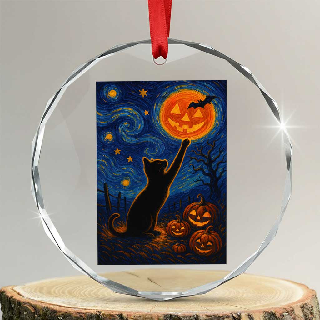 Black Cat Halloween Crystal Glass Ornament Starry Night Van Gogh TS14 Transparent Glass 3'' Circle Print Your Wear