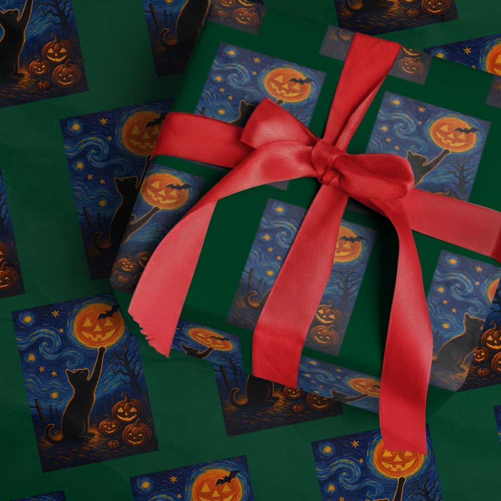 Black Cat Halloween Wrapping Paper Roll Starry Night Van Gogh TS14 Green Print Your Wear