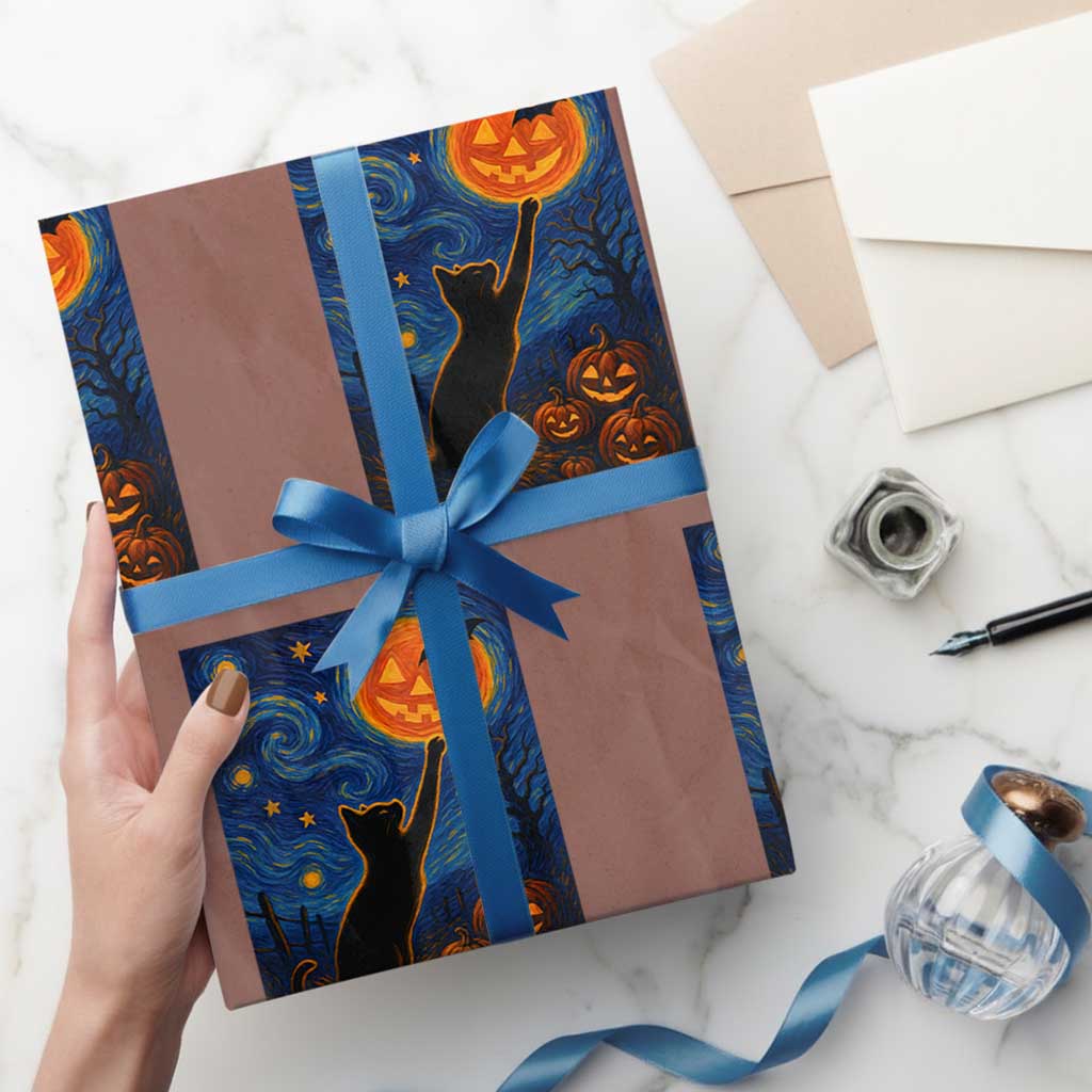 Black Cat Halloween Wrapping Paper Roll Starry Night Van Gogh TS14 Mocha Print Your Wear