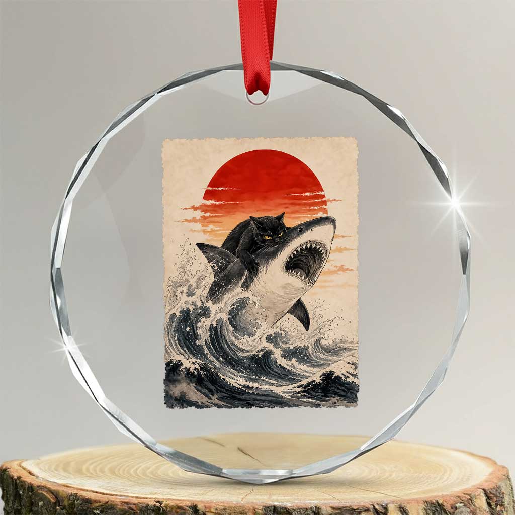 Black Cat Hunting Shark Ukiyo e Ocean Art Crystal Glass Ornament Funny Japanese Style Graphic TS11 Transparent Glass 3'' Circle Print Your Wear