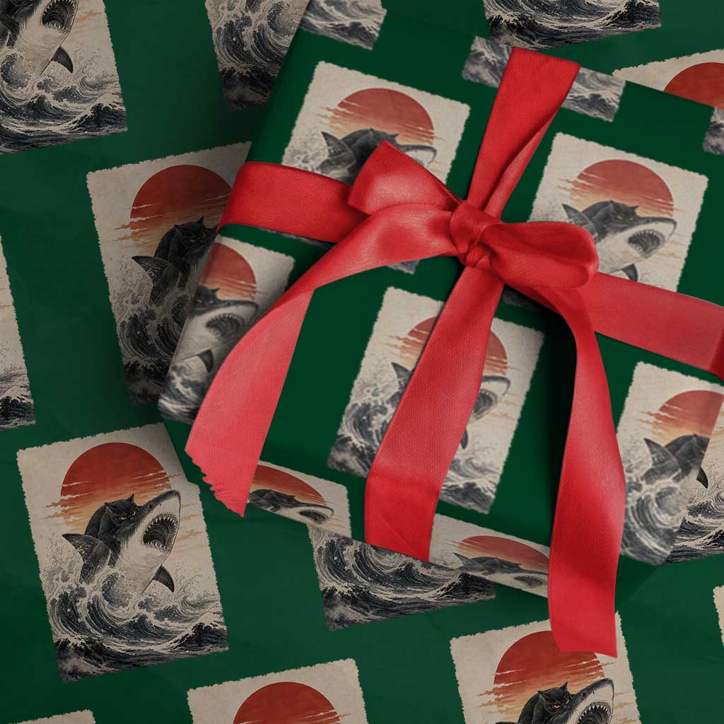 Black Cat Hunting Shark Ukiyo e Ocean Art Wrapping Paper Roll Funny Japanese Style Graphic TS11 Green Print Your Wear