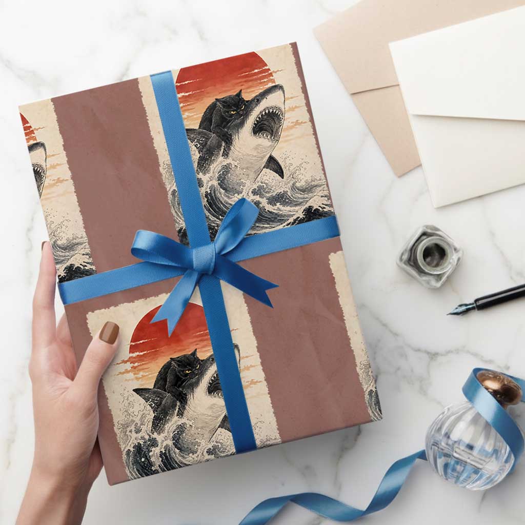 Black Cat Hunting Shark Ukiyo e Ocean Art Wrapping Paper Roll Funny Japanese Style Graphic TS11 Mocha Print Your Wear