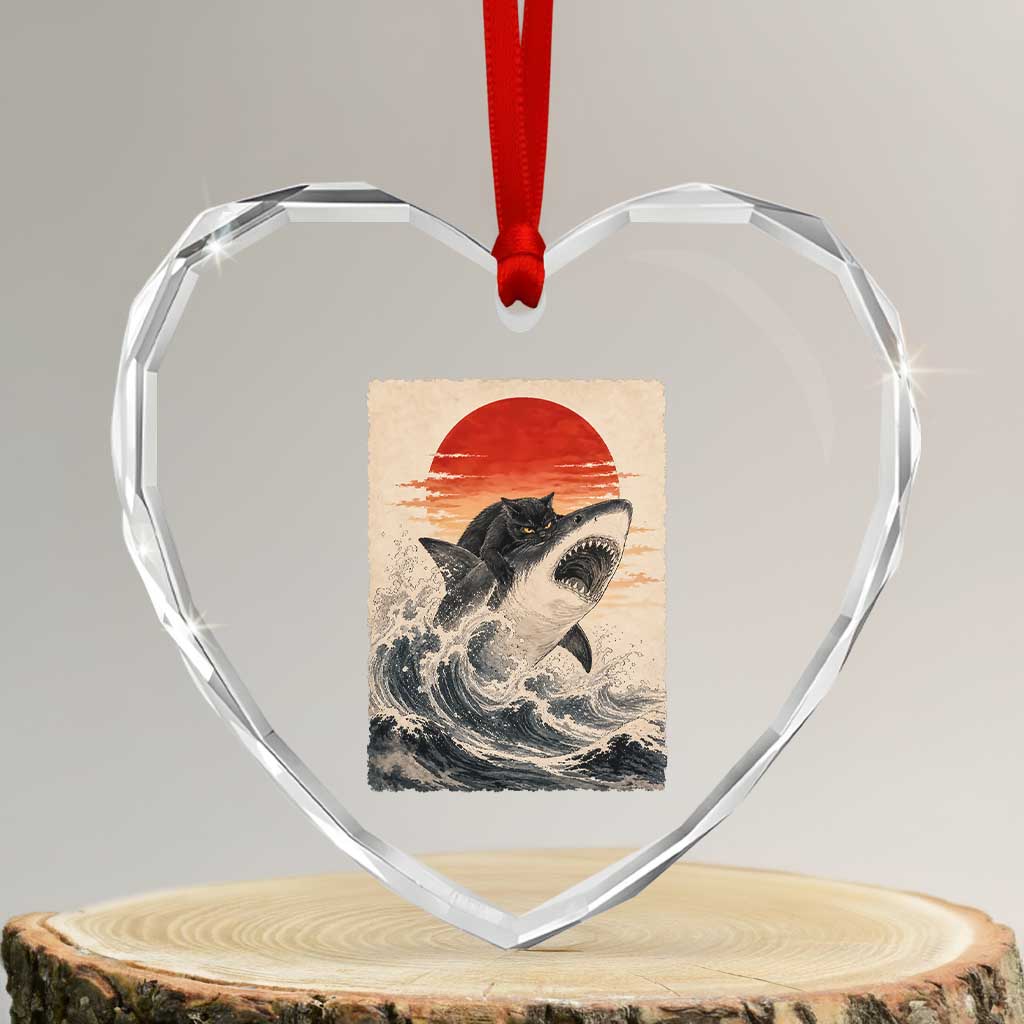 Black Cat Hunting Shark Ukiyo e Ocean Art Heart Crystal Glass Ornament Funny Japanese Style Graphic TS11 Transparent Glass 3'' Heart Print Your Wear