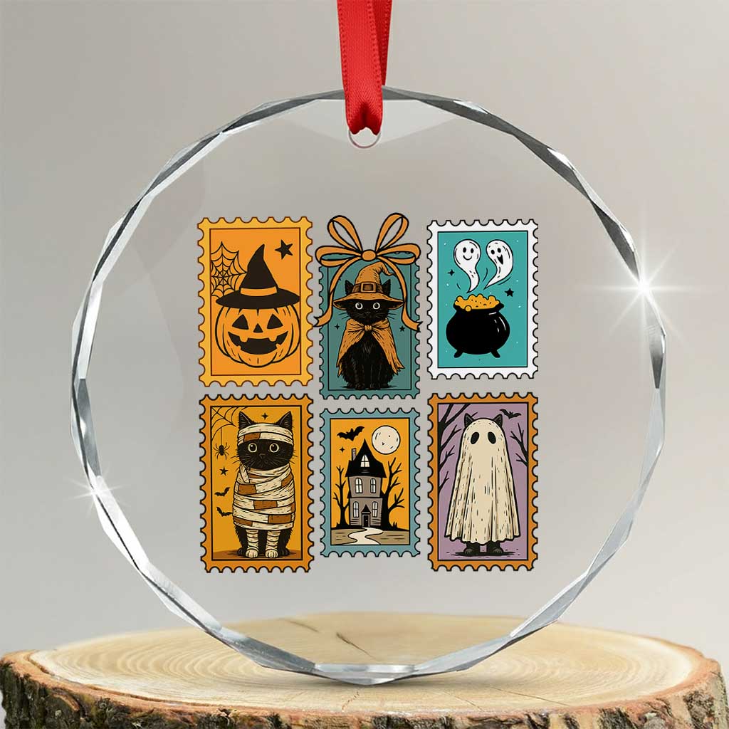 Black Cat Pumpkin Crystal Glass Ornament Retro Halloween Ghots Cat Stamp TS10 Transparent Glass 3'' Circle Print Your Wear