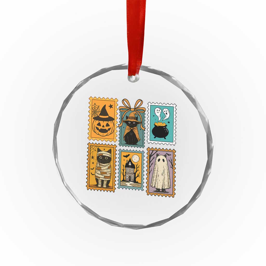 Black Cat Pumpkin Crystal Glass Ornament Retro Halloween Ghots Cat Stamp TS10 Transparent Glass 3'' Circle Print Your Wear