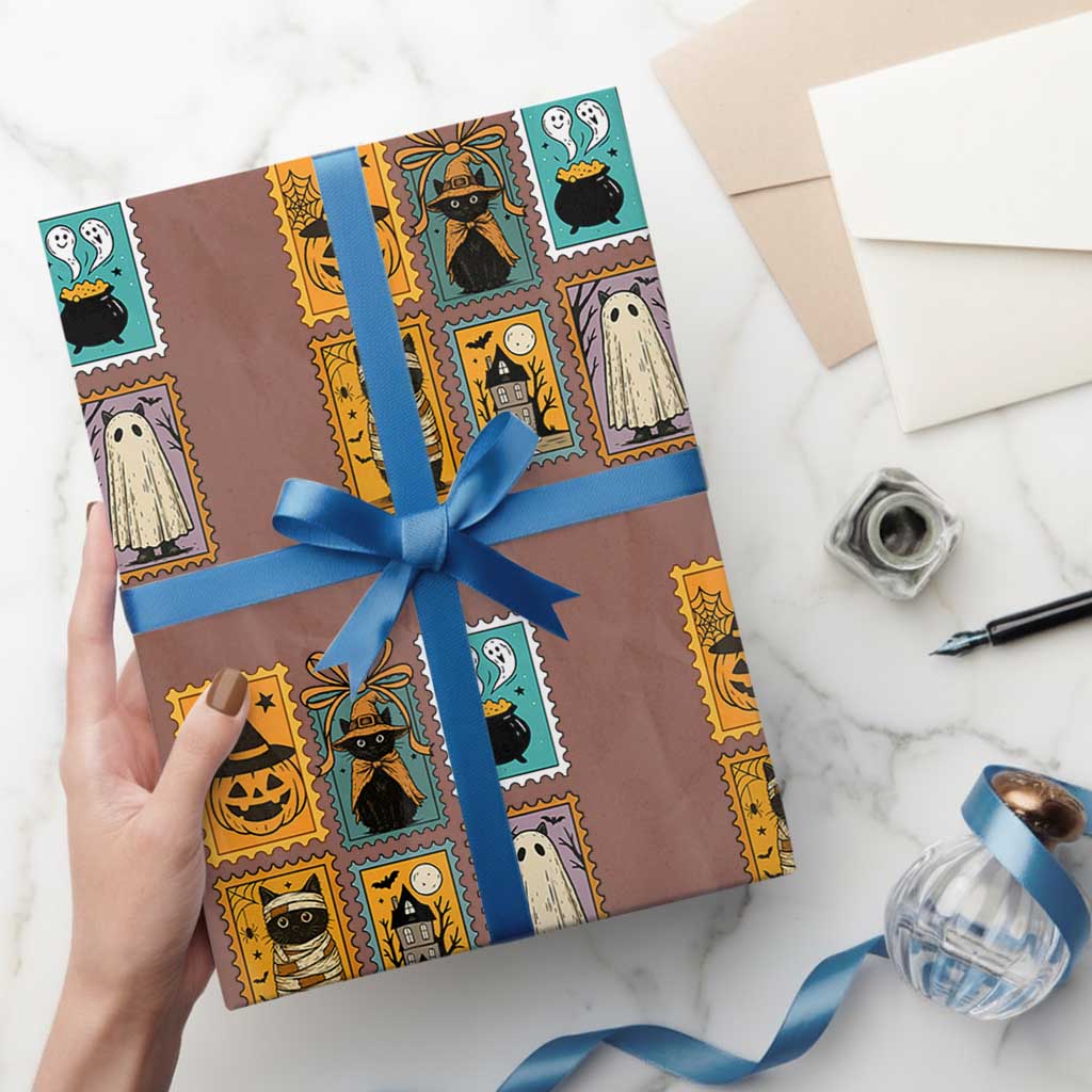 Black Cat Pumpkin Wrapping Paper Roll Retro Halloween Ghots Cat Stamp TS10 Mocha Print Your Wear
