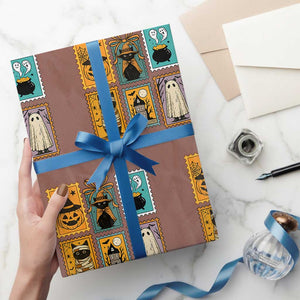 Black Cat Pumpkin Wrapping Paper Roll Retro Halloween Ghots Cat Stamp TS10 Mocha Print Your Wear