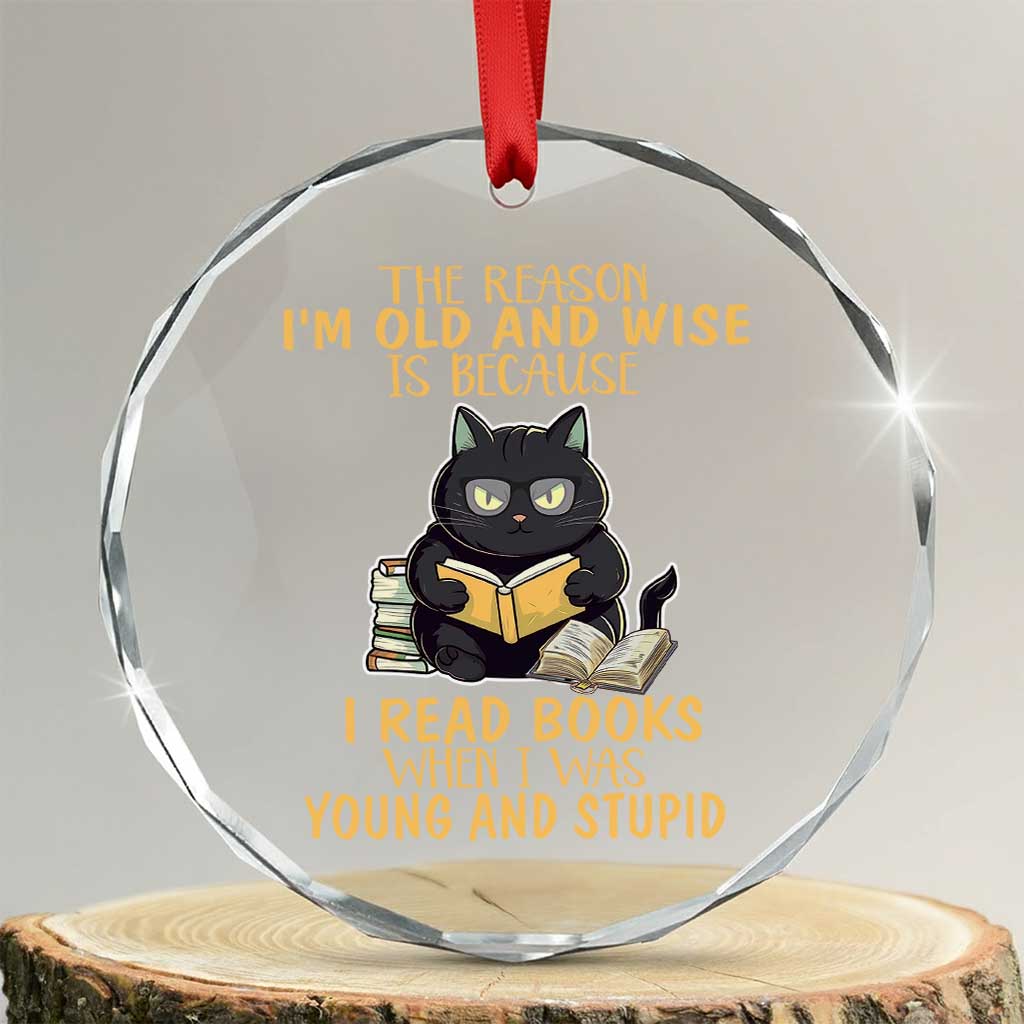 Black Cat Reading Crystal Glass Ornament I'm Old And Wise Because I Read Books When I Was Young And Stupid Funny Reading Lover - Print Your Wear