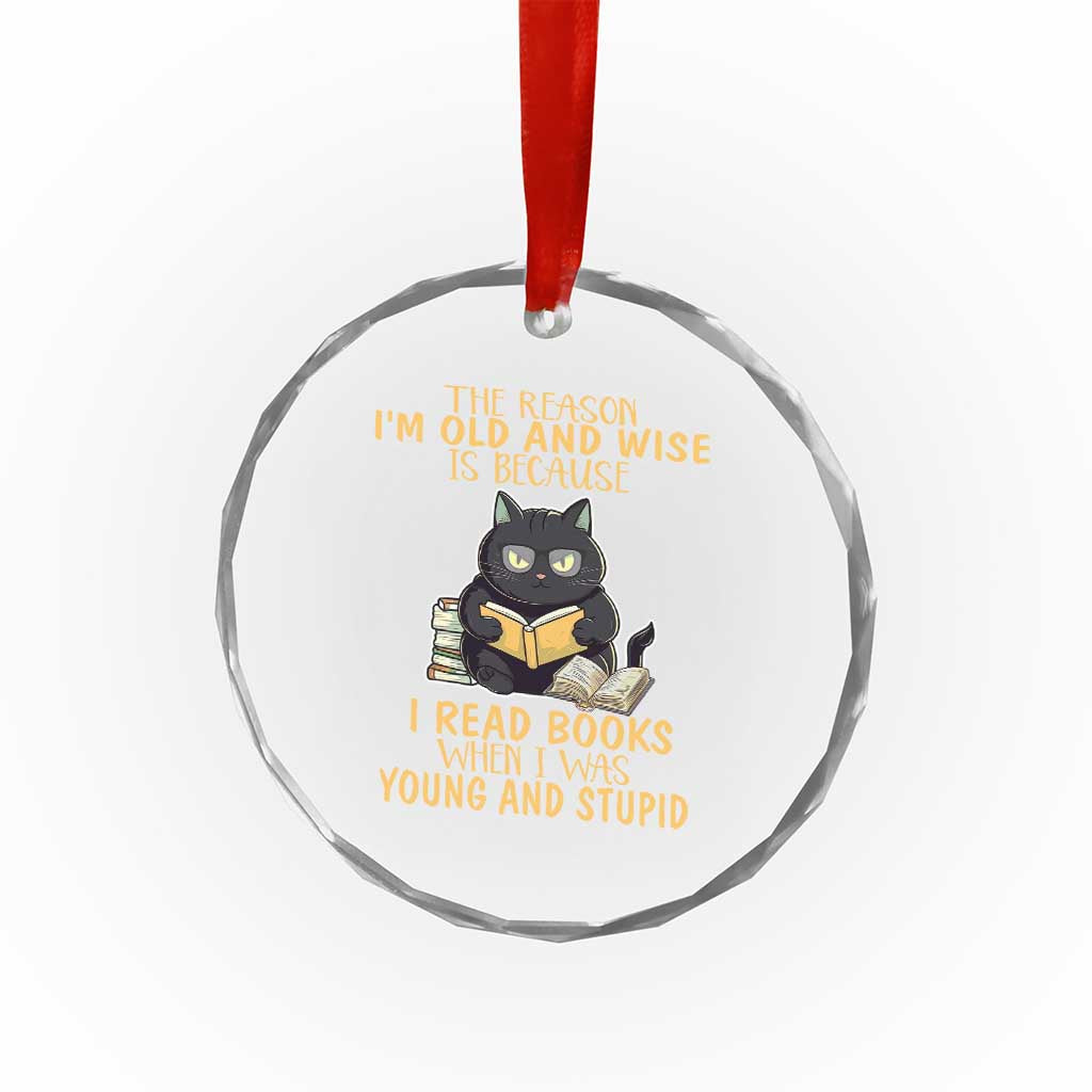 Black Cat Reading Crystal Glass Ornament I'm Old And Wise Because I Read Books When I Was Young And Stupid Funny Reading Lover TS02 Print Your Wear