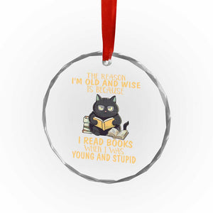 Black Cat Reading Crystal Glass Ornament I'm Old And Wise Because I Read Books When I Was Young And Stupid Funny Reading Lover - Print Your Wear
