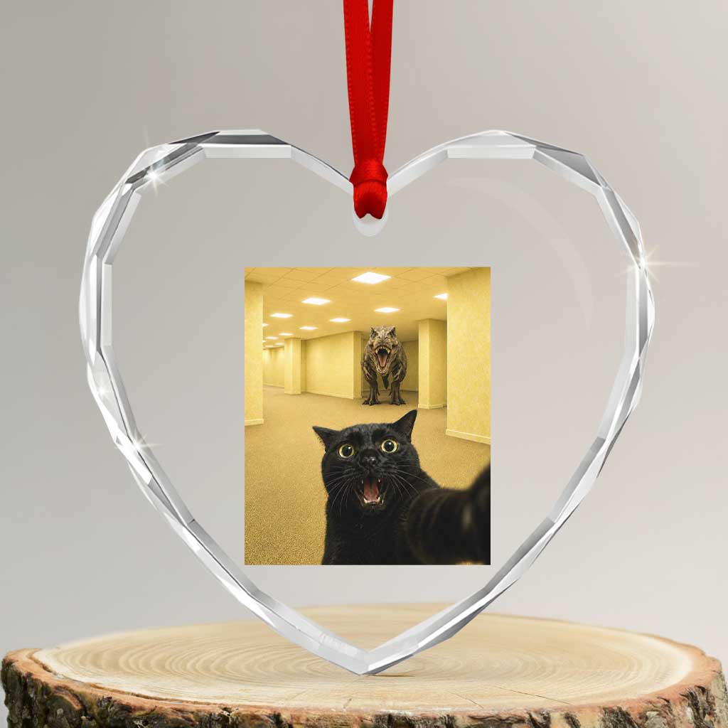 Black Cat Selfie with Dinosaur in The Backrooms Liminal Space Graphic Heart Crystal Glass Ornament Liminal Space Urban Legend Meme TS10 Transparent Glass 3'' Heart Print Your Wear