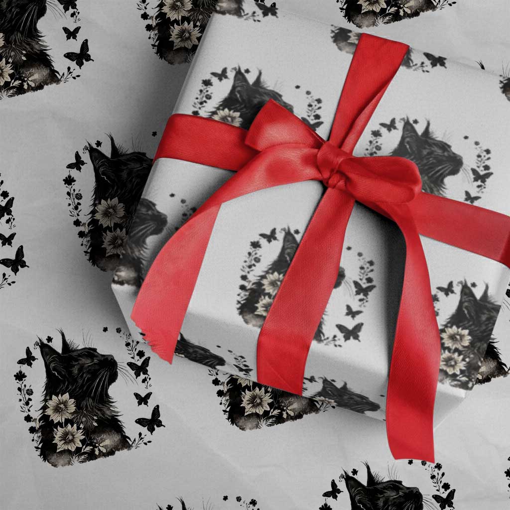 Black Maine Coon Cat Wrapping Paper Roll Floral Sunflower Watercolor Gift TS12 White Print Your Wear