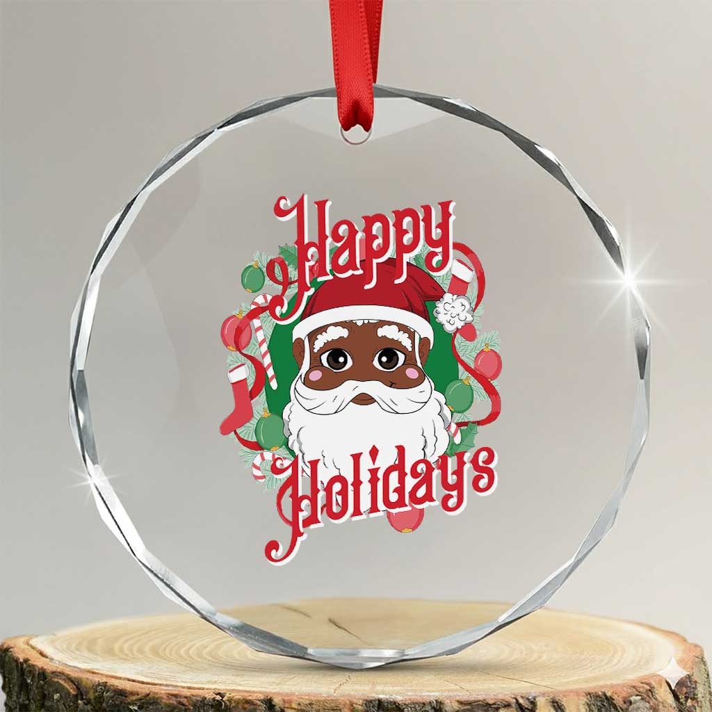 Black Santa Crystal Glass Ornament Happy Holidays African American Santa TS09 Transparent Glass 3'' Circle Print Your Wear