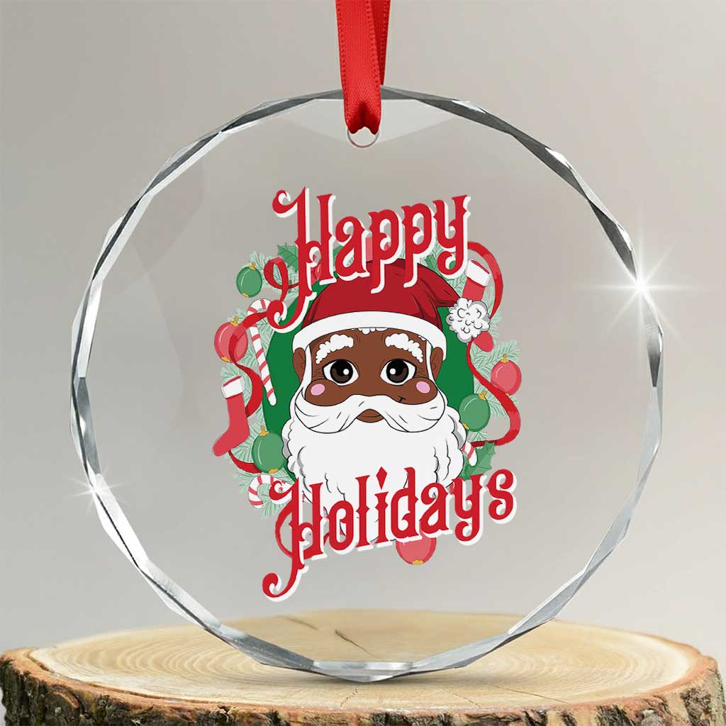 Black Santa Crystal Glass Ornament Happy Holidays African American Santa TS09 Transparent Glass 3'' Circle Print Your Wear