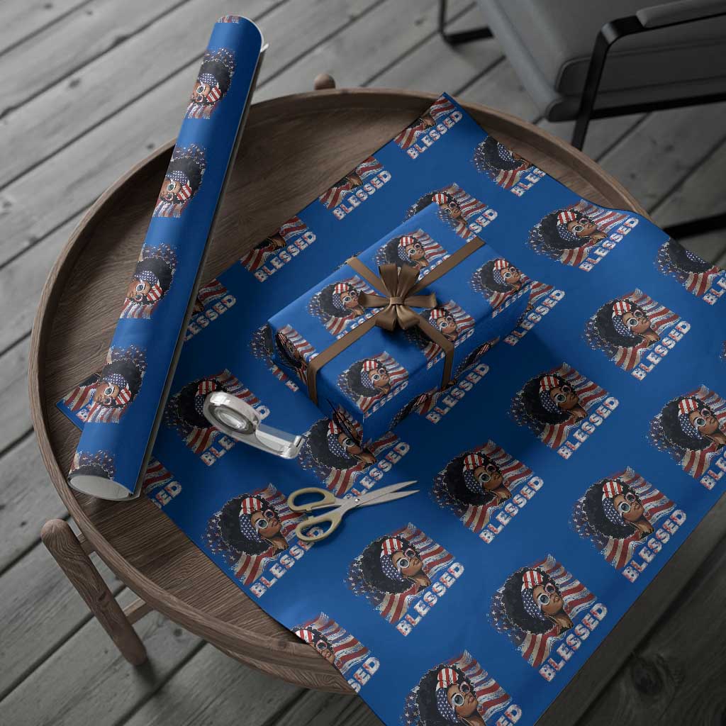Blessed Black Queen Afro American Flag Wrapping Paper Roll Patriotic Juneteenth 4th of July