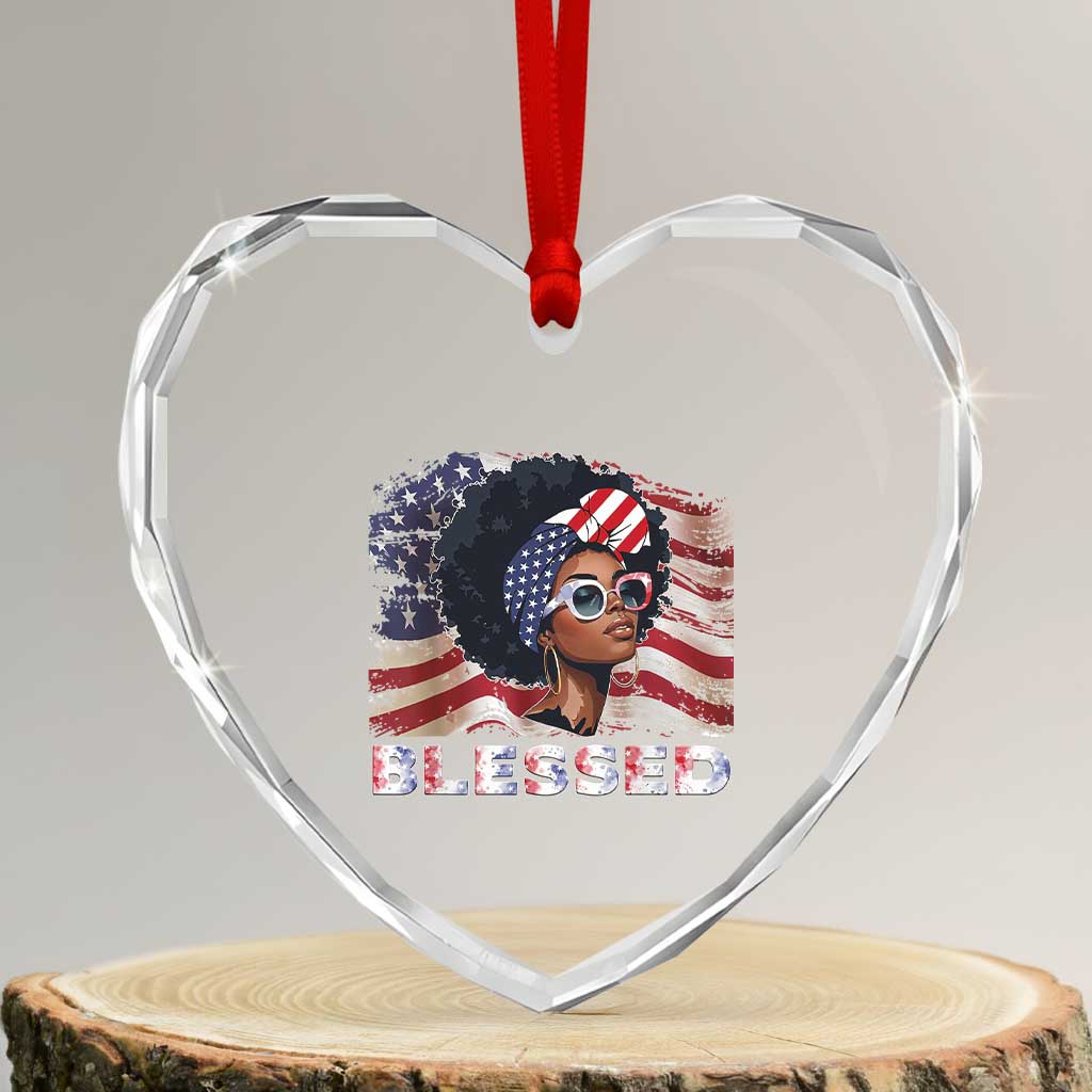 Blessed Black Queen Afro American Flag Heart Crystal Glass Ornament Patriotic Juneteenth 4th of July