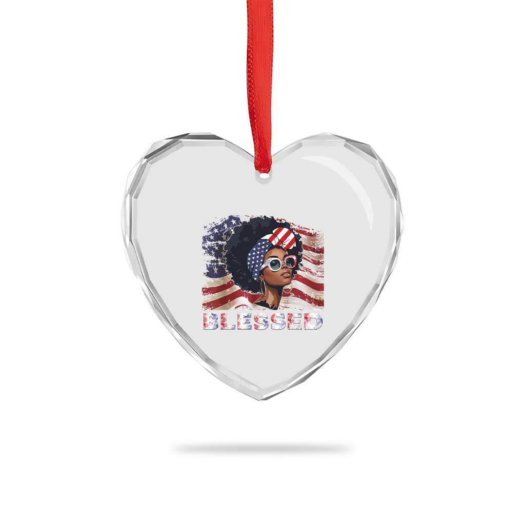 Blessed Black Queen Afro American Flag Heart Crystal Glass Ornament Patriotic Juneteenth 4th of July